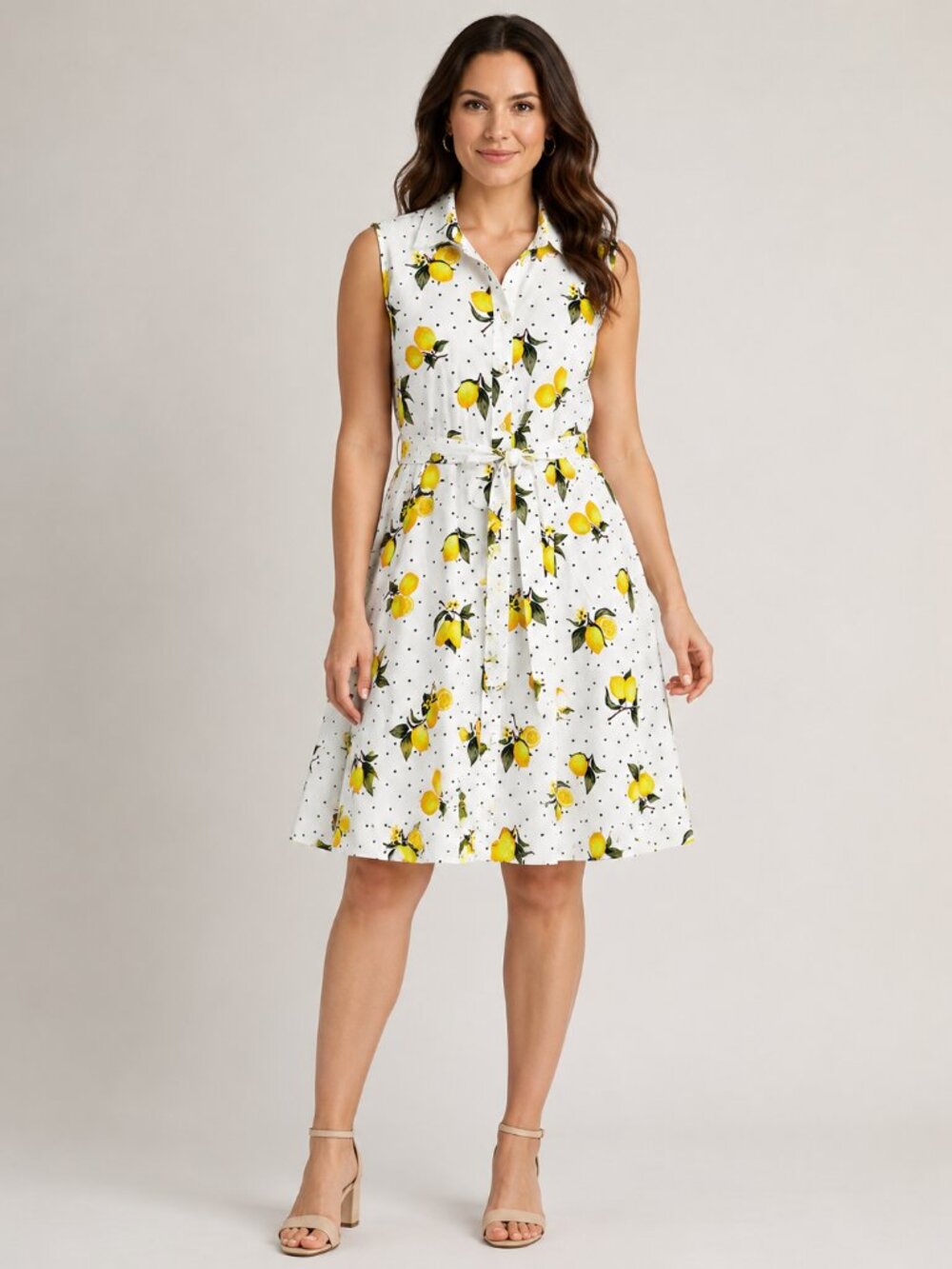 Chloe + Rene Womens XL White Lemon Print Polka Dot Cotton Sleeveless Shirt Dress